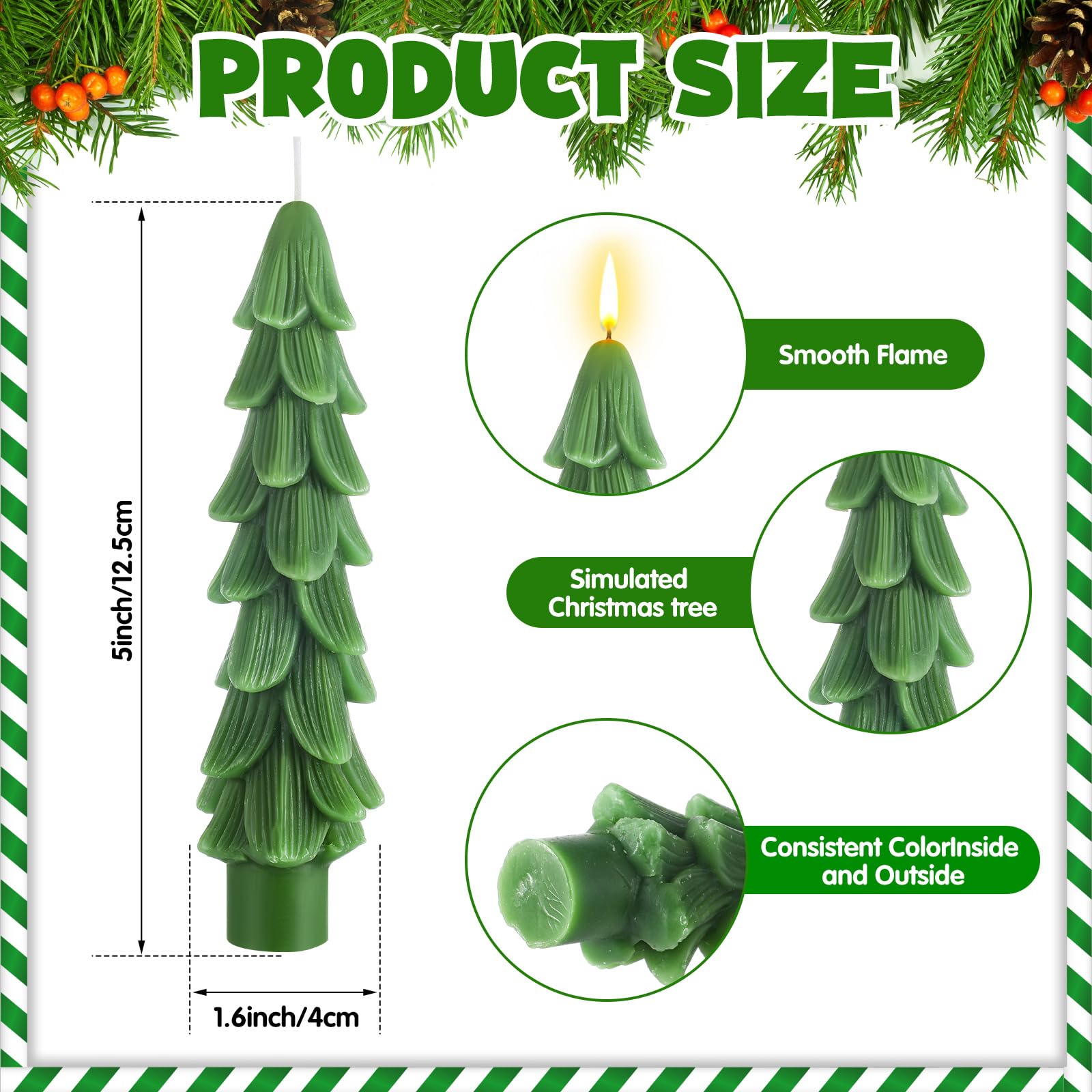 MTLEE 4 Pcs Christmas Tree Shaped Taper Candles Xmas Eve Holiday Candle Unscented Candlesticks for Christmas Party Room House Kitchen Decor Wedding Decorations Gift(Green,5 Inch)