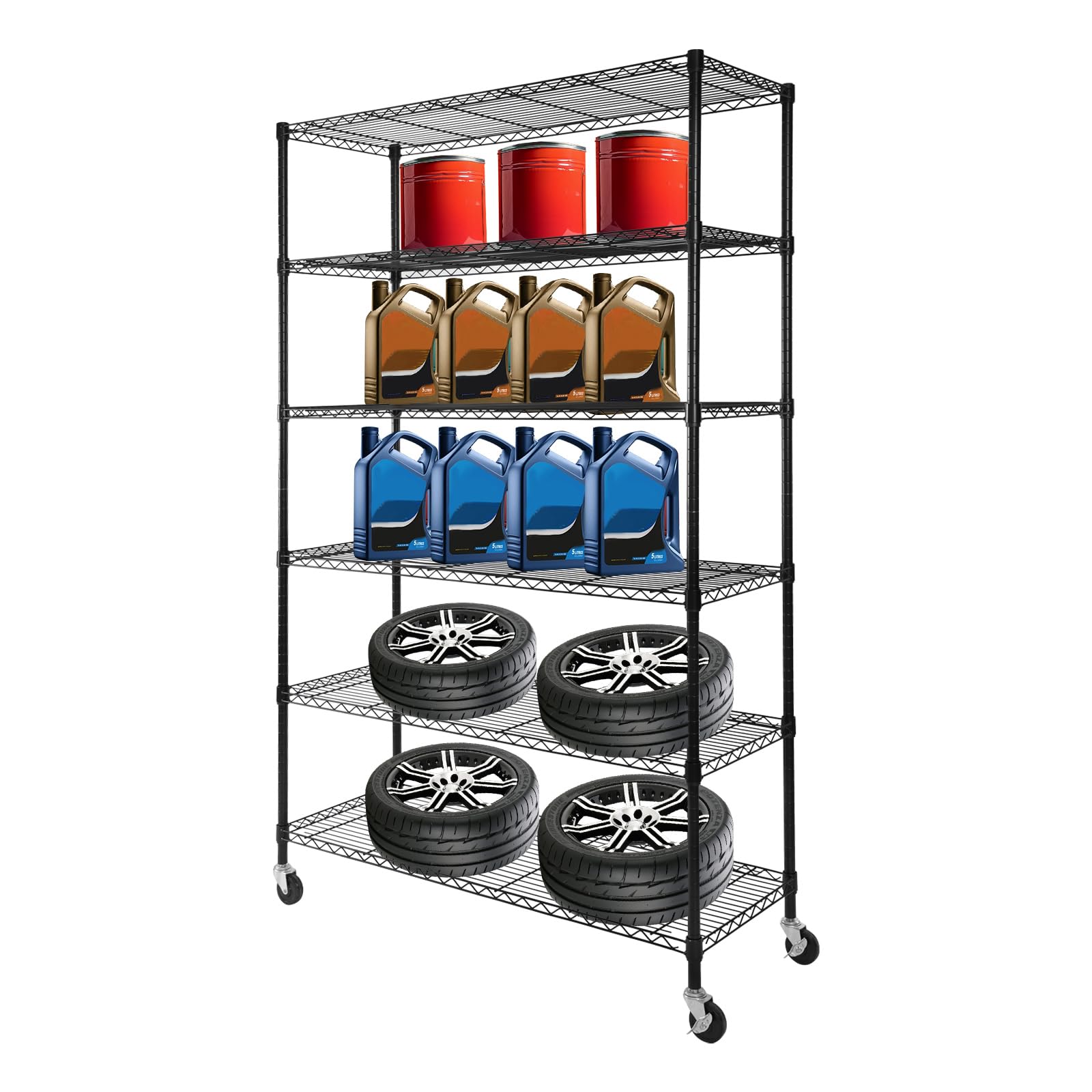 ZeStarDair Metal Shelve, Wire Shelving with Wheels 6-Tier Heavy Duty Storage Rack Utility Wire Rack 47 * 17 * 80 in Storage Shelving Unit Adjustable Storage Rack for Garage Kitchen Office (Black)