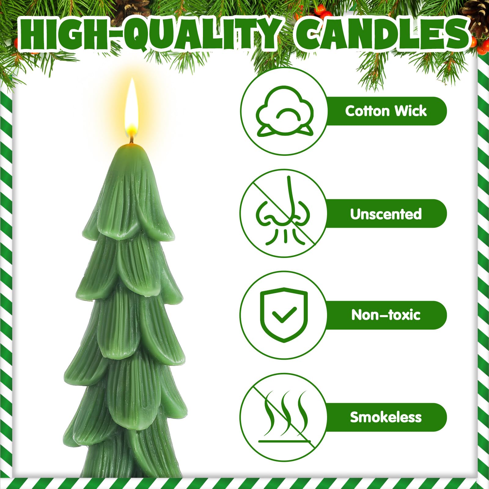 MTLEE 4 Pcs Christmas Tree Shaped Taper Candles Xmas Eve Holiday Candle Unscented Candlesticks for Christmas Party Room House Kitchen Decor Wedding Decorations Gift(Green,5 Inch)