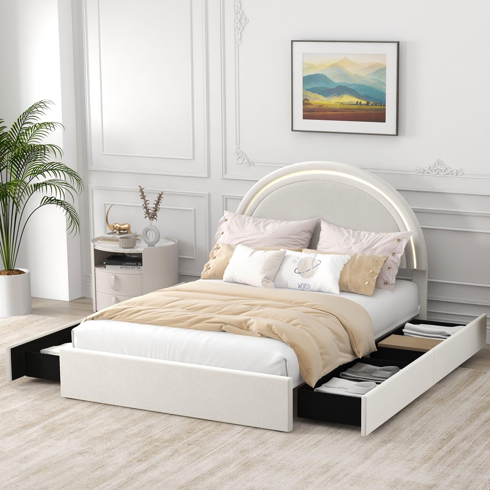 Bonzy Home Full Size Bed Frame with Round Headboard, Full Bed Frame for Girls with Lights, Princess Platform Bed Frame with 4 Storage Drawers, Wooden Slats Support, No Box Spring Needed