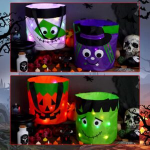 Hutuzldz Halloween Trick or Treat Candy Bags LED Light Up Pumpkin Bucket, Collapsible Reusable Candy Basket, Fabric Tote Gift Goody Bags for Kids Halloween Party (Orange)