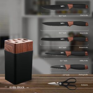 Aufranc® Kitchen Knife Set, 7PCS Knife Set With Block, Stainless Steel Knife Block Set, Dishwasher Safe, Black