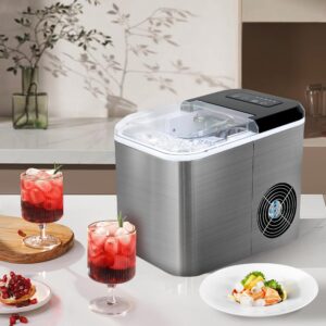 Greatrue Countertop Ice Maker, 9 pcs/6 mins, 2 Sizes, 33 lbs/Day, Self-Cleaning Portable Ice Maker with Ice Scoop and Basket for Home/Camping/Kitchen/Party (Stainless Steel)