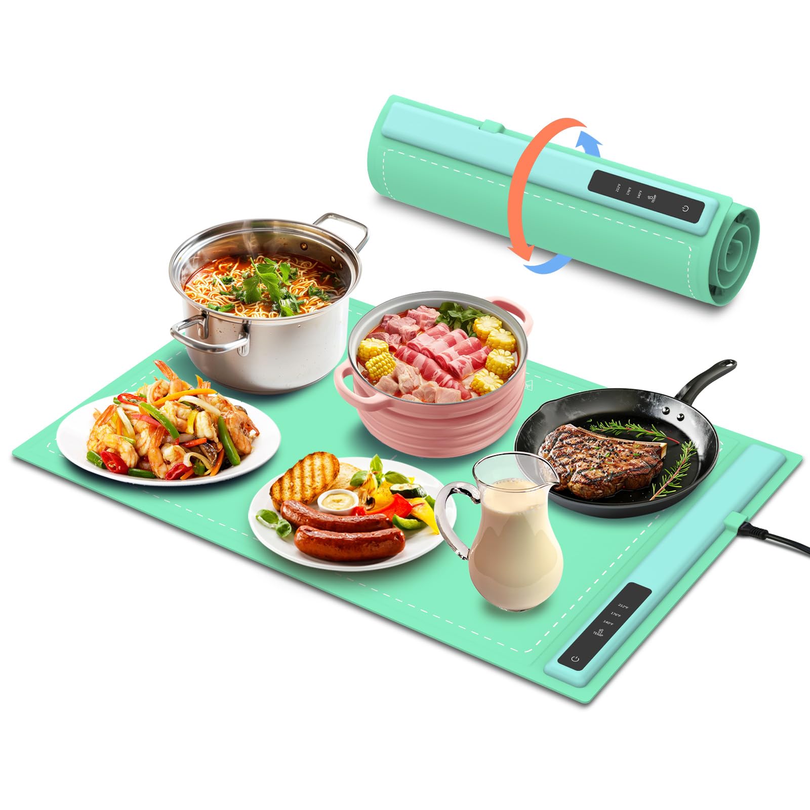 Electric Warming Tray - 3 Modes &Full Surface Heating,Rollable & Portable,Premium Silicone Nano-Material,3 Temperature Settings,Auto Shut-Off -Versatile Food Warmer for Gatherings,Parties (Green)