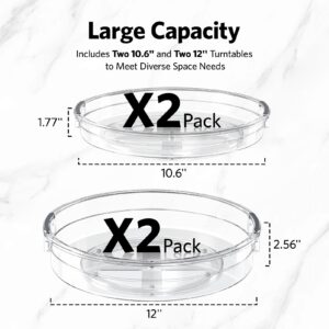 LAMU 4 Pack Lazy Susan Organizer Turntable for Cabinet, 10.6in 12in Rotating Organizer for Pantry, Kitchen, Fridge, Countertop, Bathroom, Spice Organization, Makeup Organizer, Clear