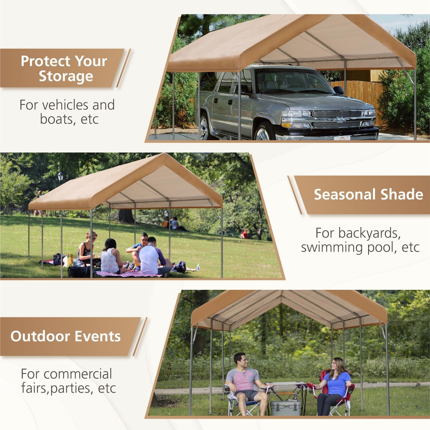 GREEN PARTY Carport, 10’ X 20’ Heavy Duty Car Canopy with Powder-Coated Steel Frame, Portable Car Canopy Party Tent Garage Boat Shelter with Sand Bag, Waterproof & UV Protected Tarp, 8 Legs, Beige