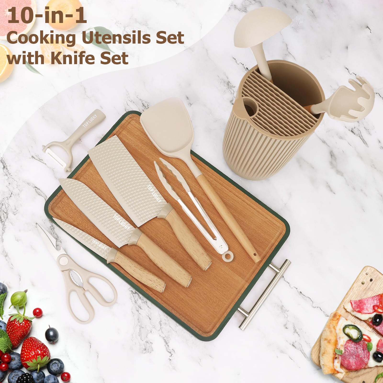 FTNESGYM Kitchen Knife Set, Knife Sets with Block and 4 PCS Kitchen Utensils Set, 10-in-1 Cooking Utensils Set with Knife Set and Utensils Holder, Silicone Spatula Set for Kitchen (Khaki)