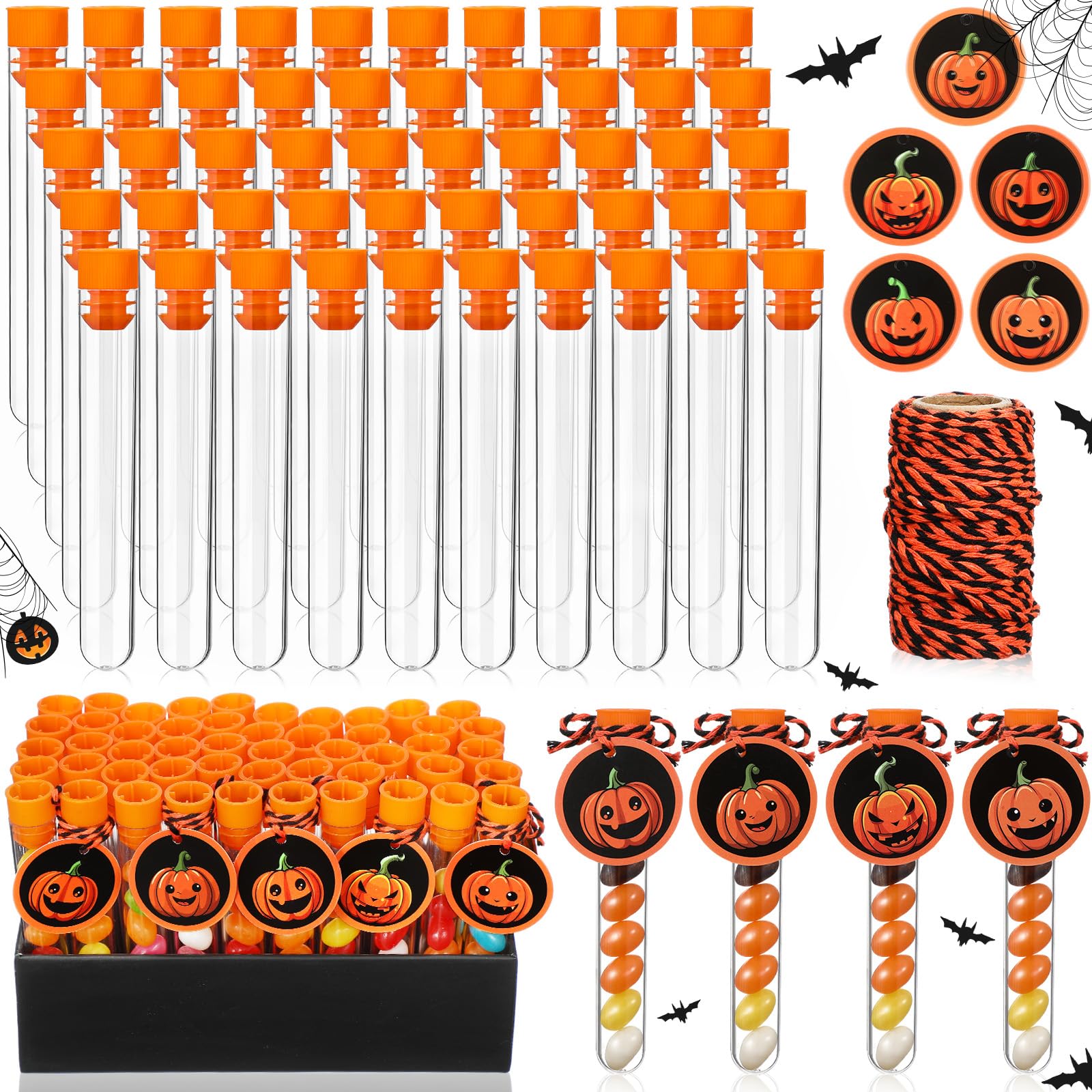 Photect 50 Set Halloween Test Tubes 100 x 16 mm Clear Plastic Tubes with Caps 10 ML Candy Tubes for Candy Storage, Scientific Experiments, Halloween Party Favors