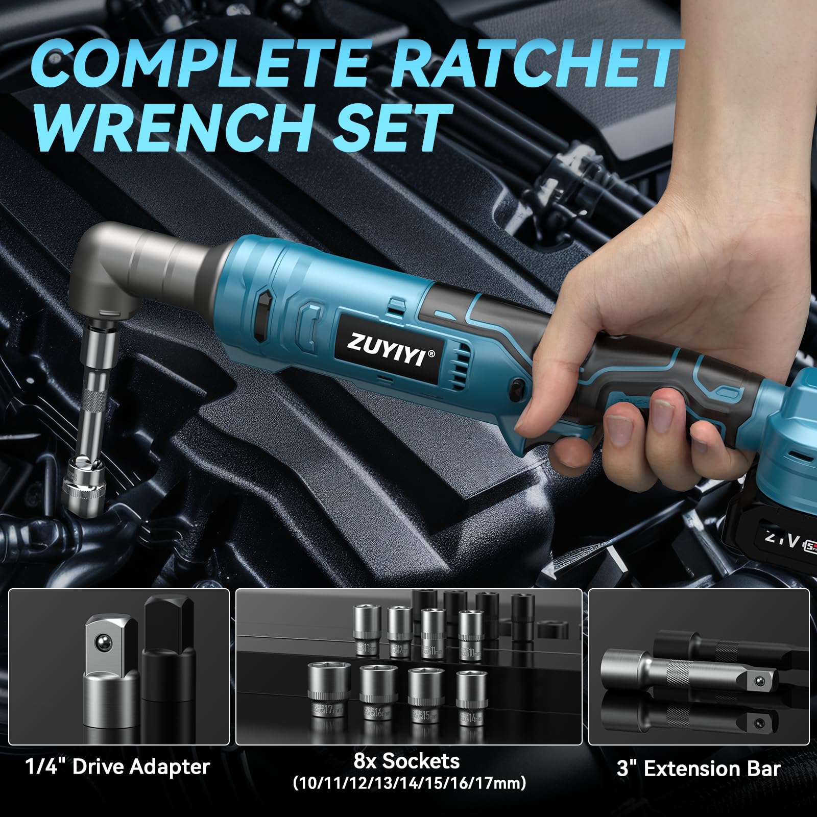 ZUYIYI 133Ft-lbs Cordless Ratchet Wrench 3/8" Set, 21V Electric Ratchet Wrench, 2250RPM Power Right Angle Wrench with 8 Sockets, 1/4" Adapter, 3" Extension Bar, 2× 2.0Ah Batteries & Charger