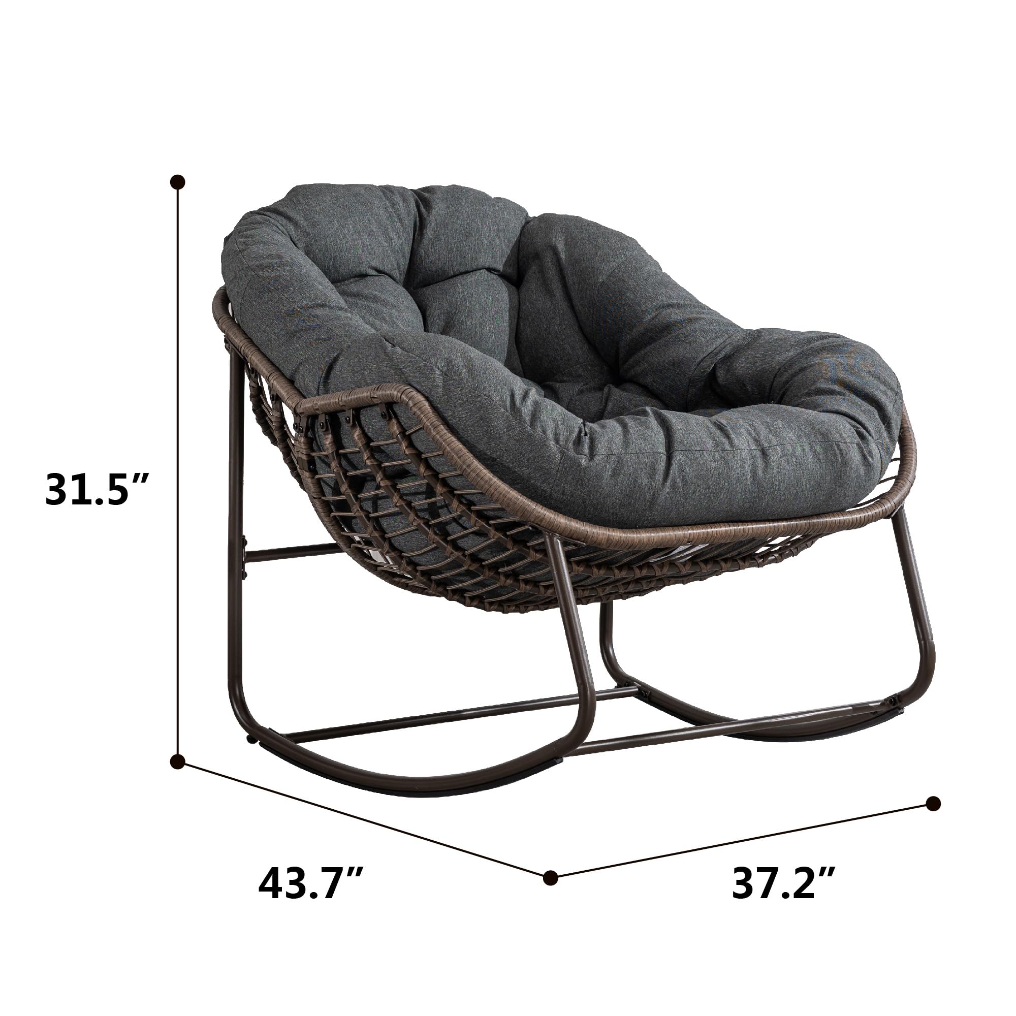 TURRIDU Rattan Outdoor Rocking Chair, Wicker Patio Egg Rocking Chair with Detachable Cushion, Indoor Papasan Chair for Living Room, Garden, Patio, Gray