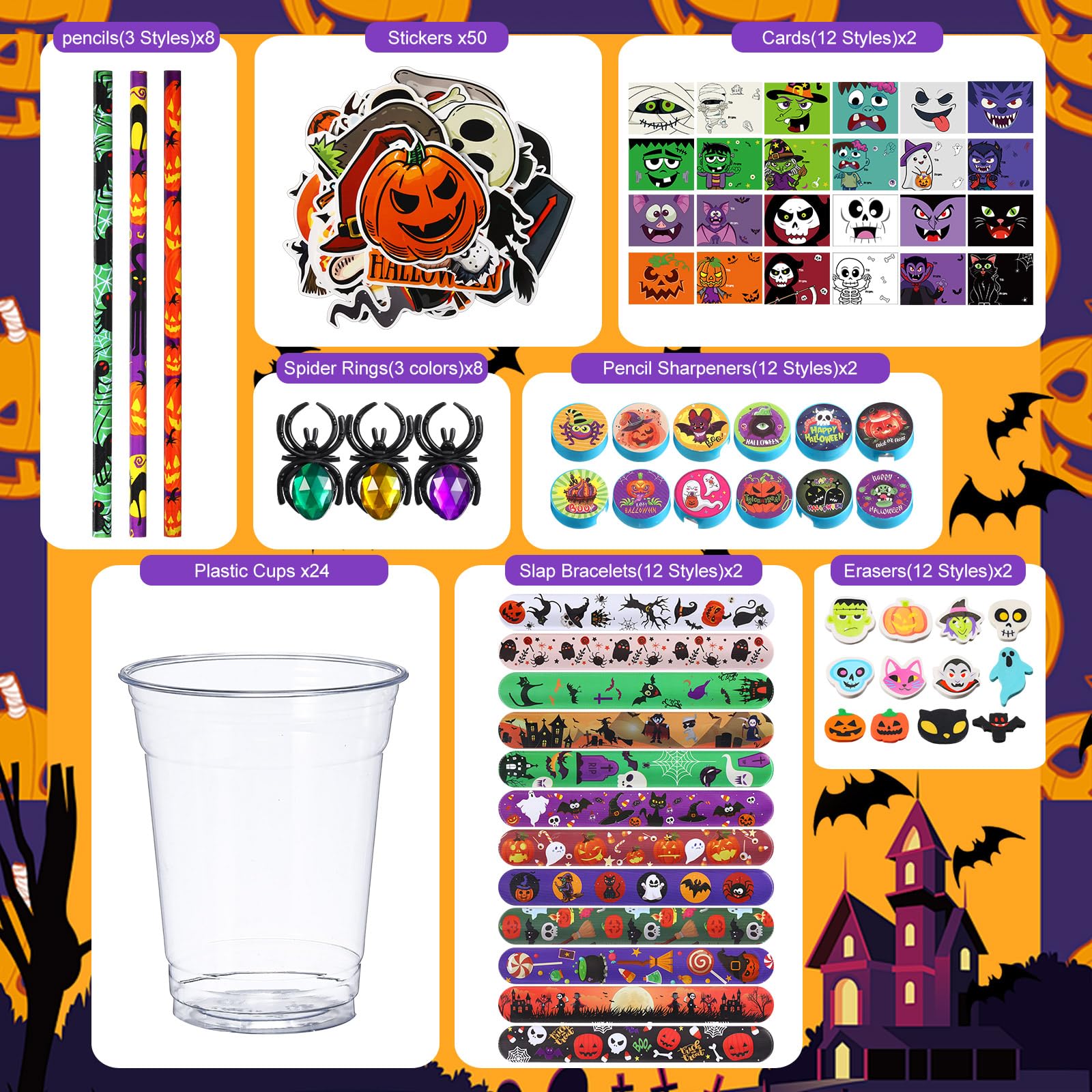 Tioncy 218 Pcs Halloween Trick or Treat Party Favors Halloween Stationery Set Trick or Treat Gifts Bulk with Cups Halloween Goody Bag Fillers for Halloween Party Prizes Trick or Treat Party Supplies