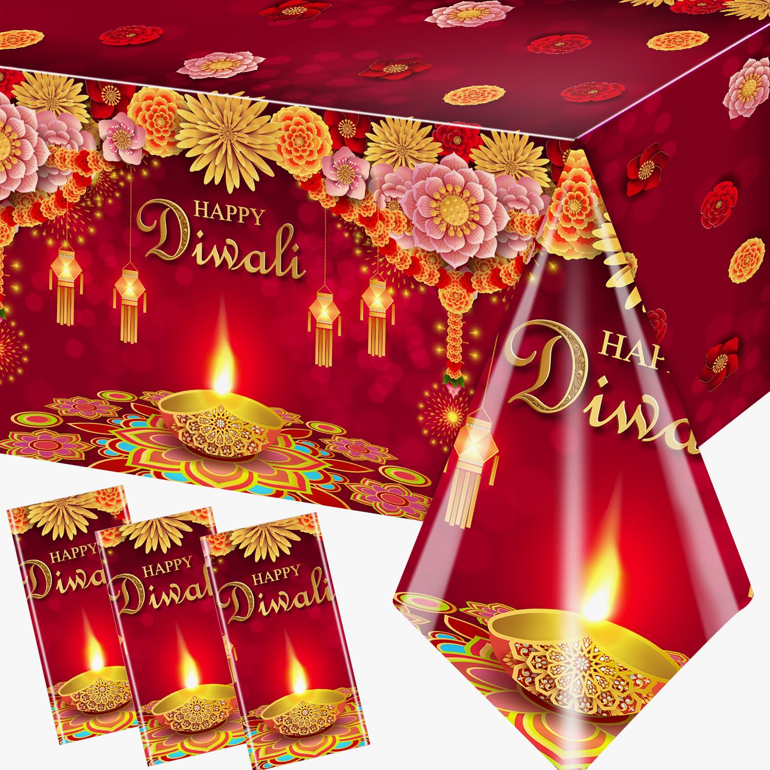 3Pieces Diwali Decorations Tablecloth, Diwali Decorations for Home Diwali Table Cloth Indian Diwali Light Celebration Party Decorations Happy Diwali Tablecloth for India Light Festival Diwali Party