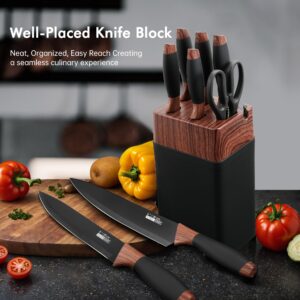 Aufranc® Kitchen Knife Set, 7PCS Knife Set With Block, Stainless Steel Knife Block Set, Dishwasher Safe, Black