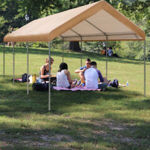 GREEN PARTY Carport, 10’ X 20’ Heavy Duty Car Canopy with Powder-Coated Steel Frame, Portable Car Canopy Party Tent Garage Boat Shelter with Sand Bag, Waterproof & UV Protected Tarp, 8 Legs, Beige