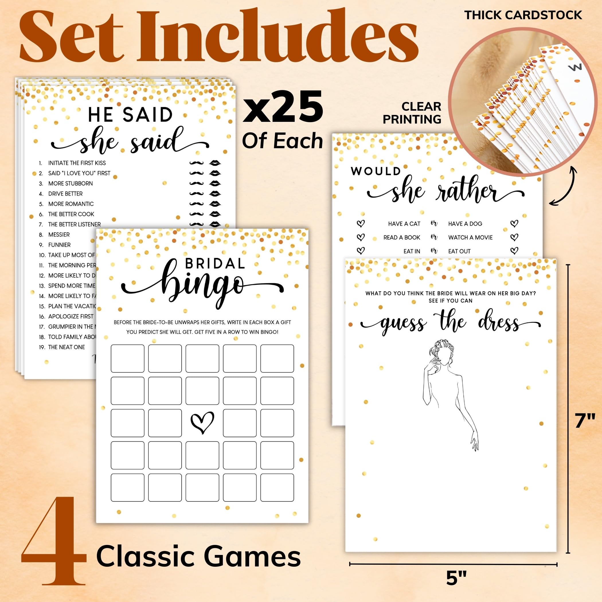 STOFINITY Fun Bridal Shower Games for 25 Guests - Set of 4 Wedding Shower Games for Reception, Gold Bridal Shower Bingo Game, He Said She Said Wedding Games Ideas for Bridal Party Decorations (5x7)