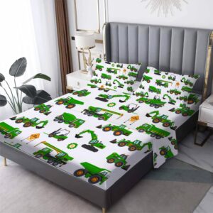 EDGZKO Sheet Set Green Tractor: Queen Size Cartoon Excavator Truck Bed Sheets for Boys Kids Toddler Deep Pocket Construction Vehicle 4PC Bedding Set 1 Fitted Sheet & 1 Flat Sheet & 2 Pillowcases