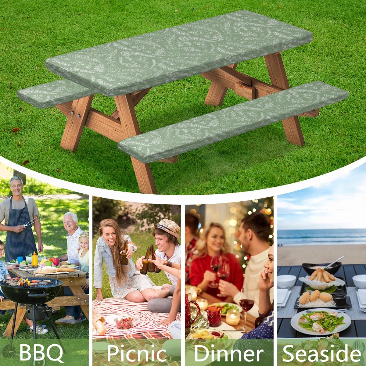 Opalaughs Sage Green Picnic Table Cover with Bench Covers 6 ft Leaf Elastic Edges Fitted Table Bench Cover Outdoor Waterproof Windproof Camping Essentials Fitted Tablecloth 3 pcs for 72" Tables Seats