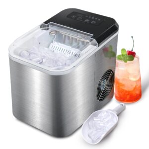 greatrue countertop ice maker, 9 pcs/6 mins, 2 sizes, 33 lbs/day, self-cleaning portable ice maker with ice scoop and basket for home/camping/kitchen/party (stainless steel)