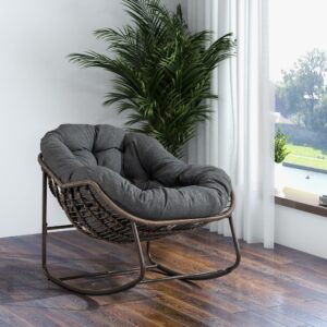 TURRIDU Rattan Outdoor Rocking Chair, Wicker Patio Egg Rocking Chair with Detachable Cushion, Indoor Papasan Chair for Living Room, Garden, Patio, Gray