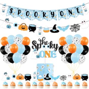 blue halloween first birthday decor, boys halloween spooky one banner blue cute ghost cake topper balloons for halloween theme 1st birthday party the spooky one little boo happy boo day party supplies