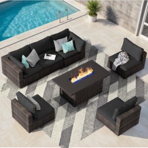 gaildon Patio Furniture Set, 7 PCS Outdoor Sectional Patio Furniture Set with 42" Fire Pit Table, All-Weather Rattan Wicker Sofa Couch for Garden Backyard Deck Poolside, Black