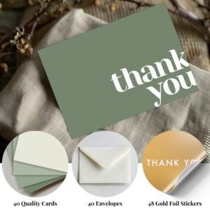 Paper Play Thank You Cards Bulk Pack of 40 Green, 5x3.5 Inches with Matching Stickers & Envelopes, Minimalistic Design Suitable for Business, Baby Shower, Wedding, Small Business, Graduation, Funeral