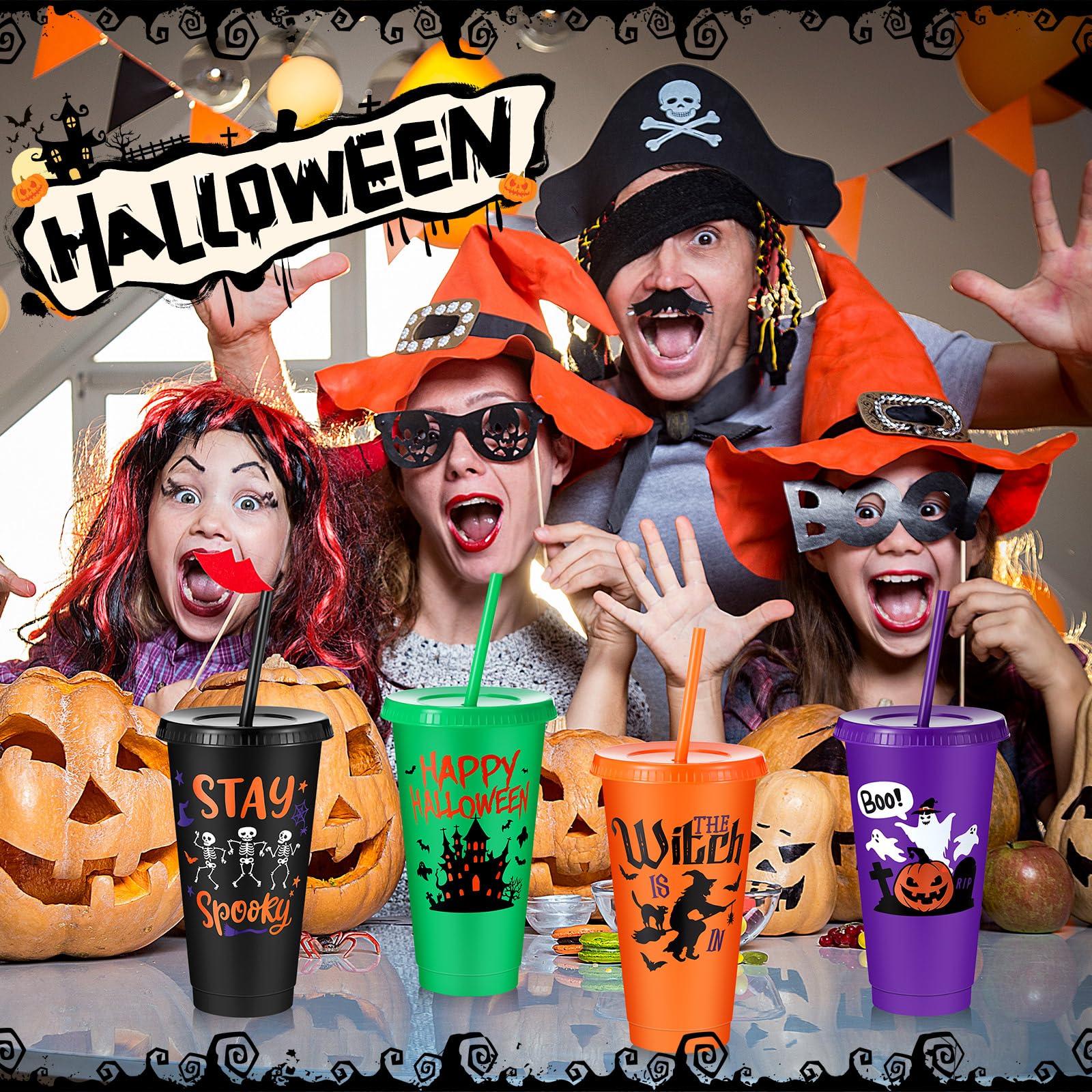 Chuangdi 30 Pack Halloween Plastic Tumbler with Lids and Straws 24 Oz Reusable Halloween Plastic Cups Spooky Halloween Party Cups Bulk for Kids Adults Halloween Party Birthday Supplies(Pumpkin)