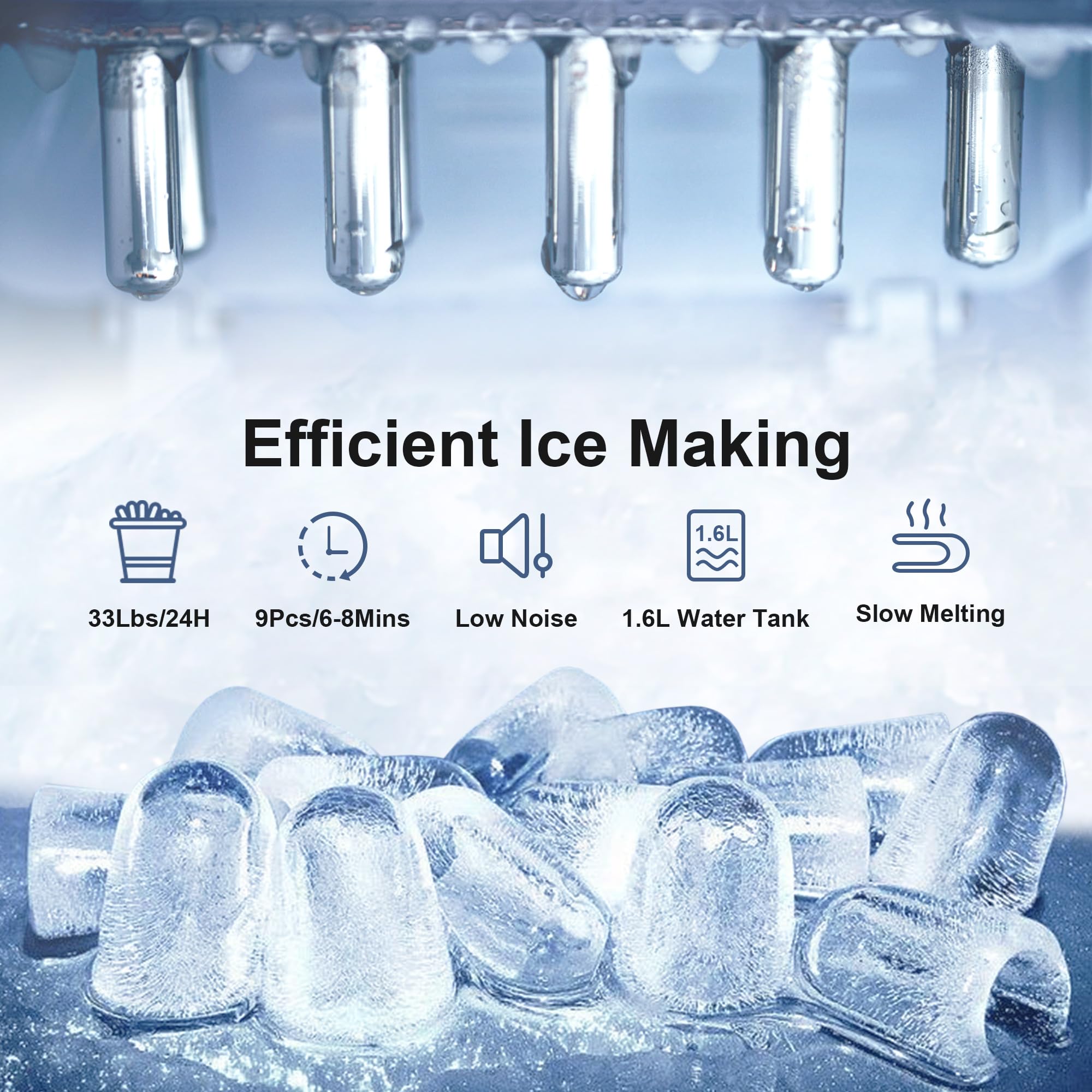 Greatrue Countertop Ice Maker, 9 pcs/6 mins, 2 Sizes, 33 lbs/Day, Self-Cleaning Portable Ice Maker with Ice Scoop and Basket for Home/Camping/Kitchen/Party (Stainless Steel)