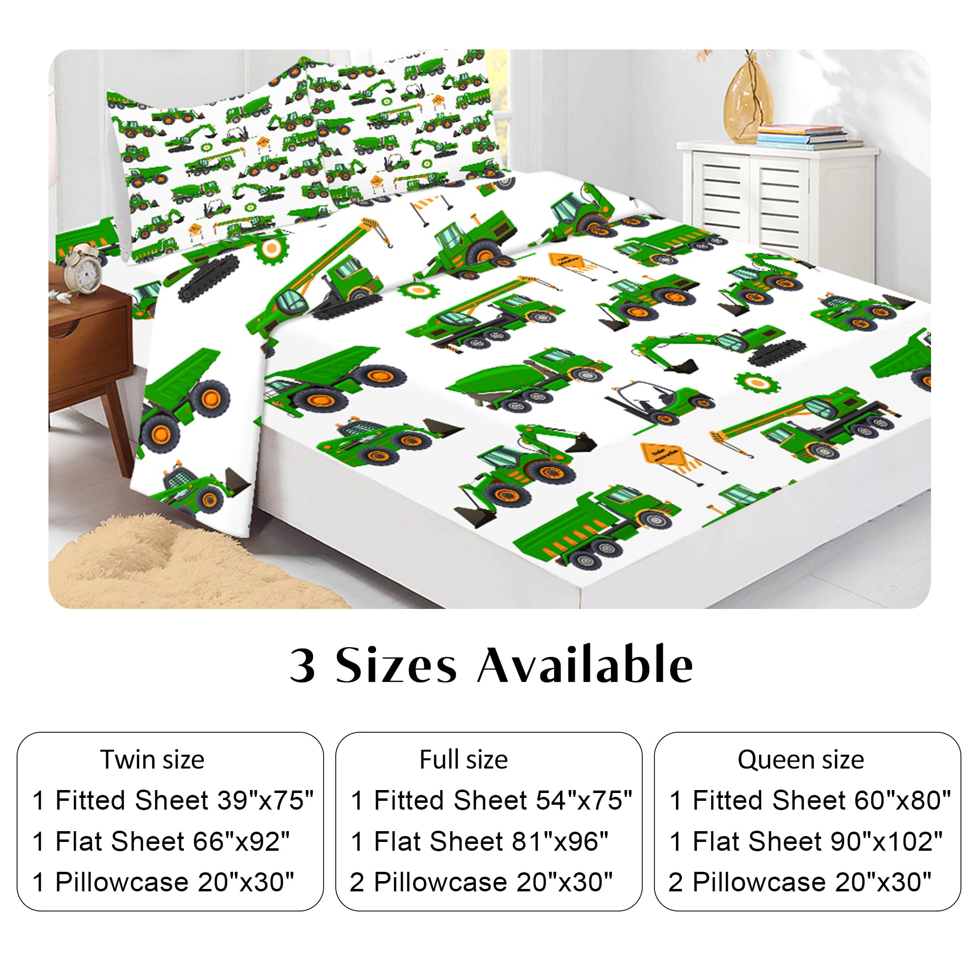 EDGZKO Sheet Set Green Tractor: Queen Size Cartoon Excavator Truck Bed Sheets for Boys Kids Toddler Deep Pocket Construction Vehicle 4PC Bedding Set 1 Fitted Sheet & 1 Flat Sheet & 2 Pillowcases