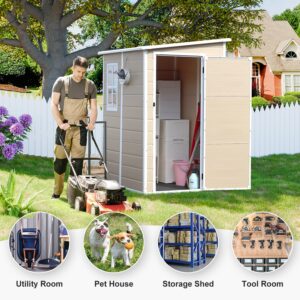 Outdoor Storage Shed 5x4 FT, Resin Outside Sheds Storage with Floor, Window & Lockable Door Included, Tiny Tool House for Garden Backyard Patio Lawn Garage, Small Wood Like Plastic Shed Kit for Bike