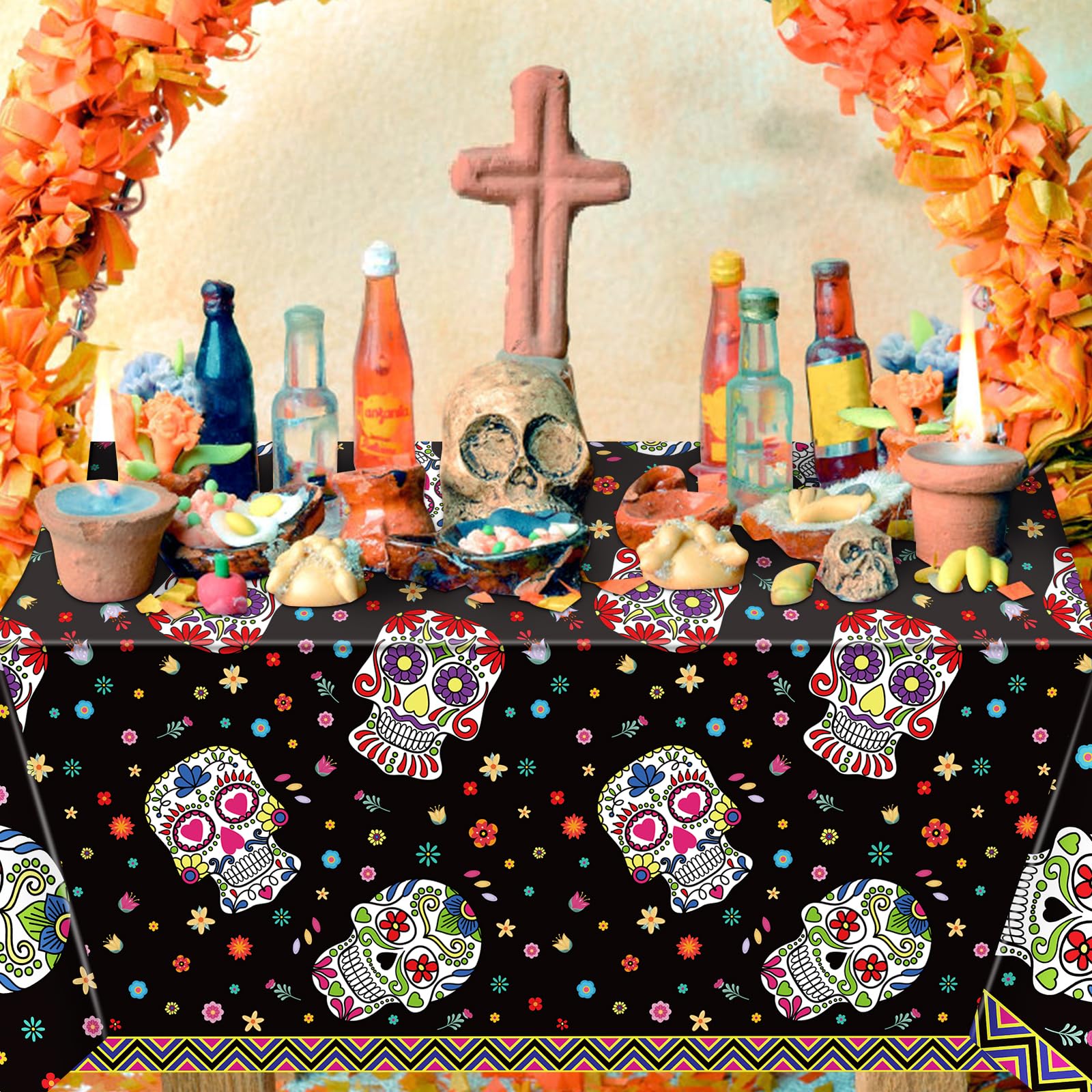 Hxezoc 3 Pack Day of The Dead Tablecloths, Disposable Plastic Skull Party Table Cover for Dia De Los Muertos Party Mexican Festival Holiday Party Decorations Outdoor Indoor Party Supplies