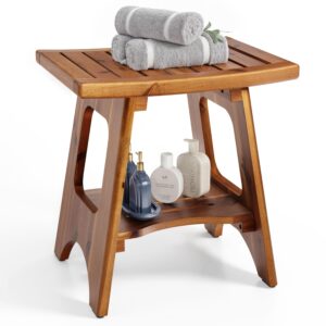 holana 18" acacia shower bench for inside shower - wooden shower stool benches waterproof for shaving legs - bench seat with storage towel shelf for bathroom - tub bench chair spa bath (acacia wood)