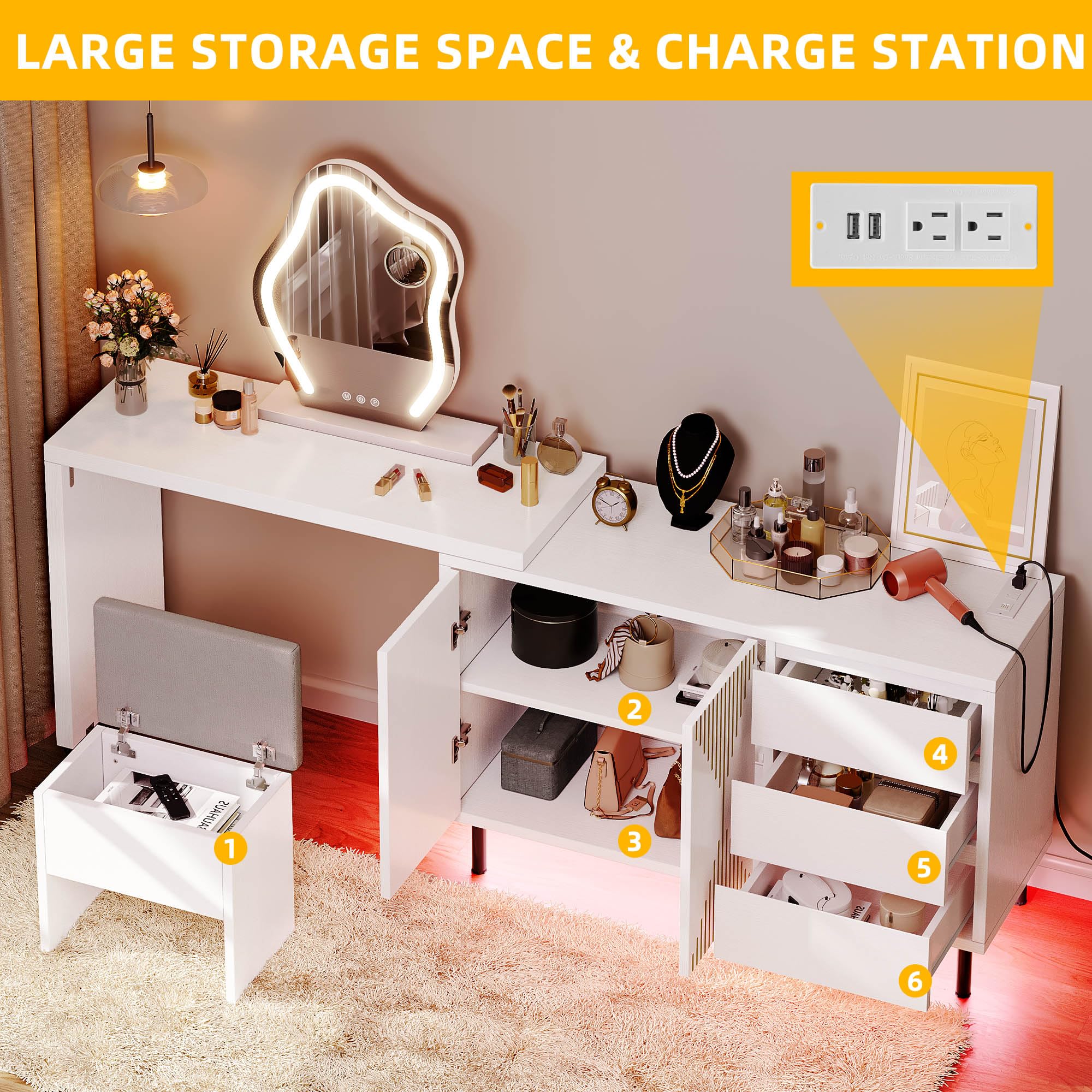 DWVO 360° Rotatable Computer Desk with Power Outlets & LED Lights, Corner Computer Desk with Drawers, Home Office Desk with Fluted Panel Doors, Extensible from 47.2" to 91.2"