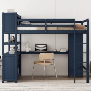 VilroCaz Wood Loft Bed with Built-in Desk and Wardrobe, Modern Full Size Loft Bed Frame with Cabinet and Bookshelf for Kids Teens Adults Bedrooms, Maximize Space (Dark Blue-7.22)