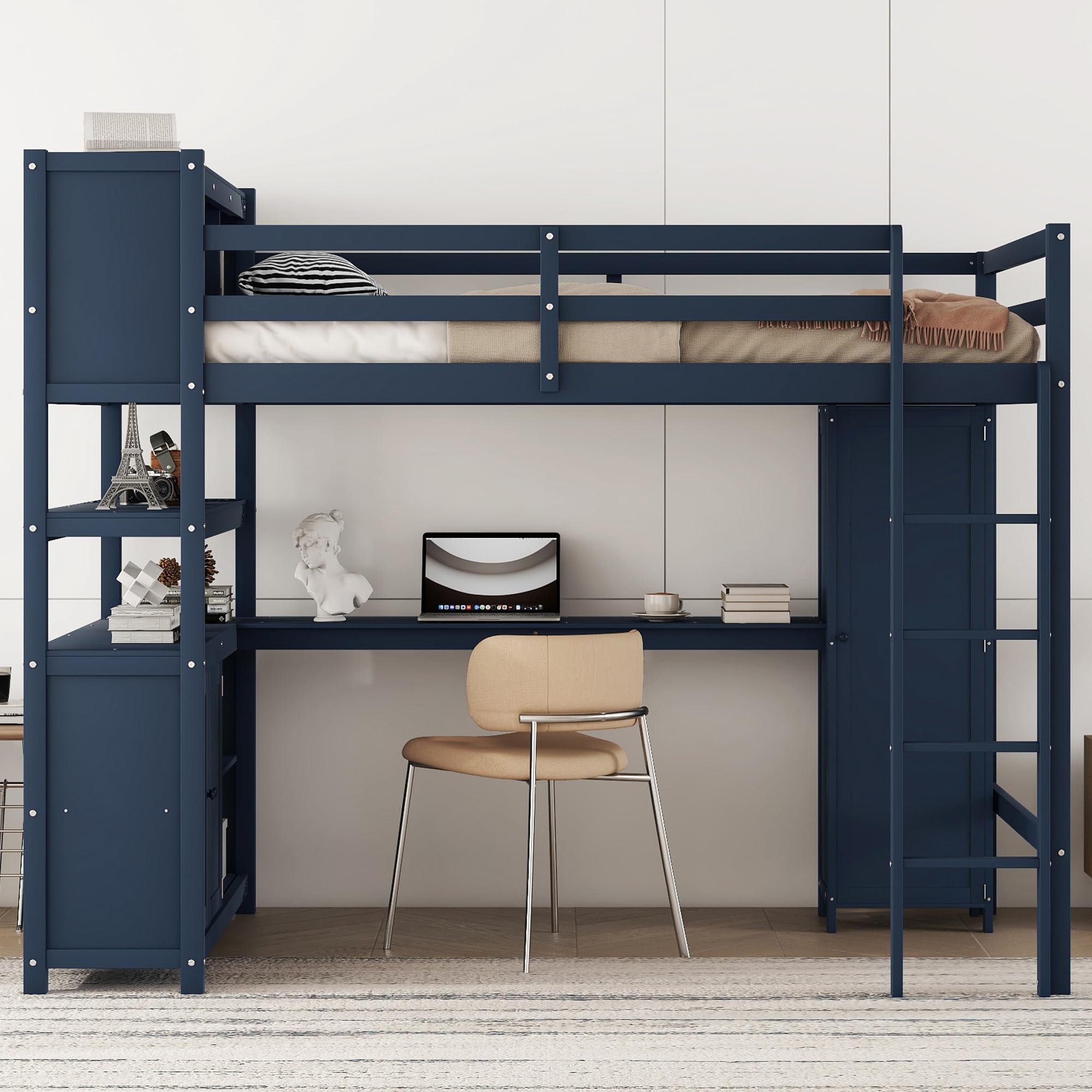 VilroCaz Wood Loft Bed with Built-in Desk and Wardrobe, Modern Full Size Loft Bed Frame with Cabinet and Bookshelf for Kids Teens Adults Bedrooms, Maximize Space (Dark Blue-7.22)