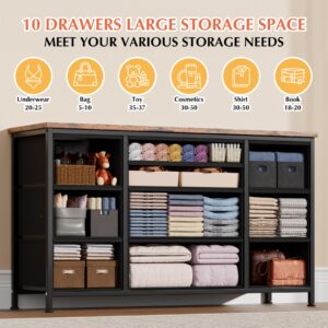 Takywep 10 Drawer Dresser for Bedroom with Wooden Top, Rustic Brown Tv Stand Dresser with Power Outlet for 55", Bedroom Dressers with Drawers, Fabric Drawer Dresser for Bedroom, Big Storage…