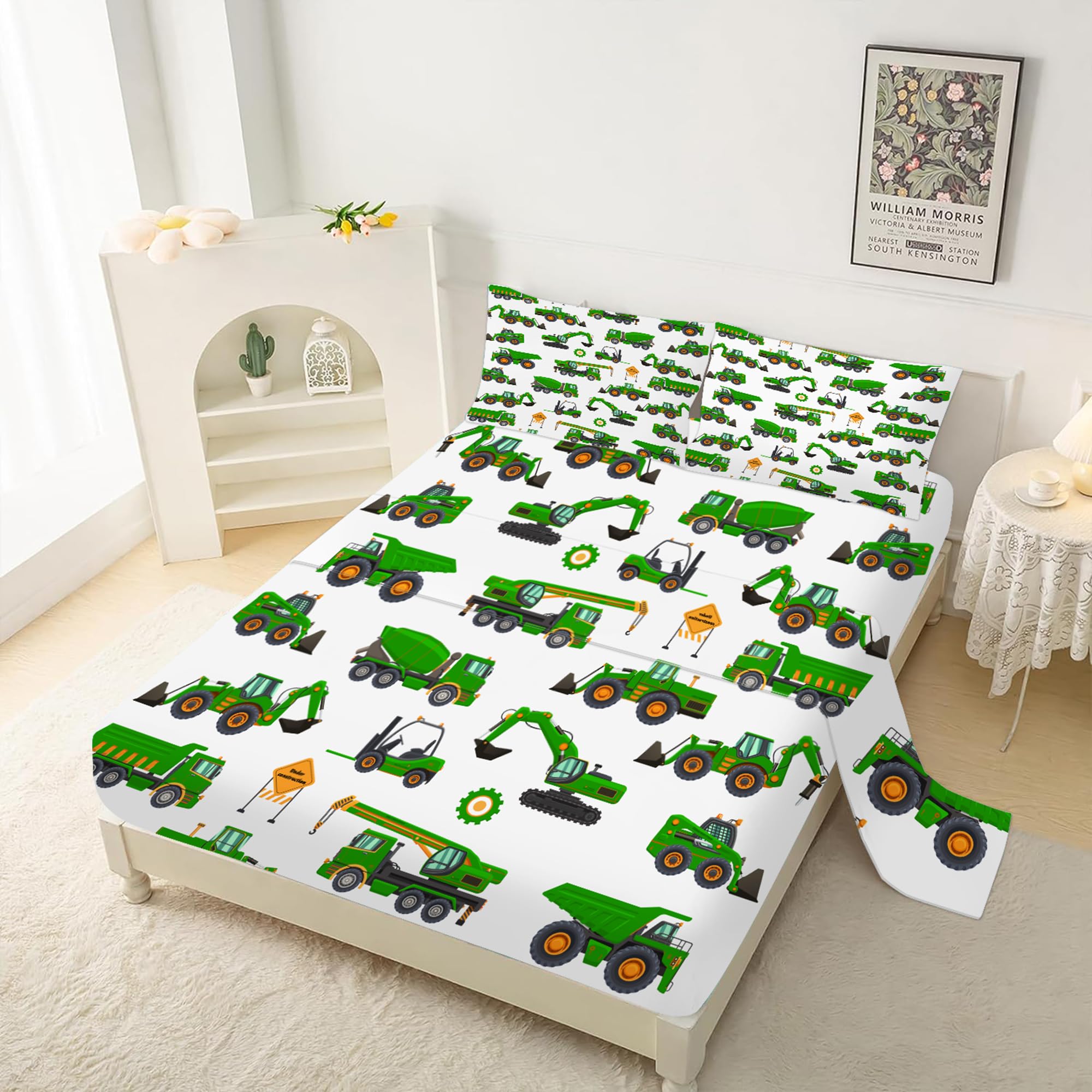 EDGZKO Sheet Set Green Tractor: Queen Size Cartoon Excavator Truck Bed Sheets for Boys Kids Toddler Deep Pocket Construction Vehicle 4PC Bedding Set 1 Fitted Sheet & 1 Flat Sheet & 2 Pillowcases