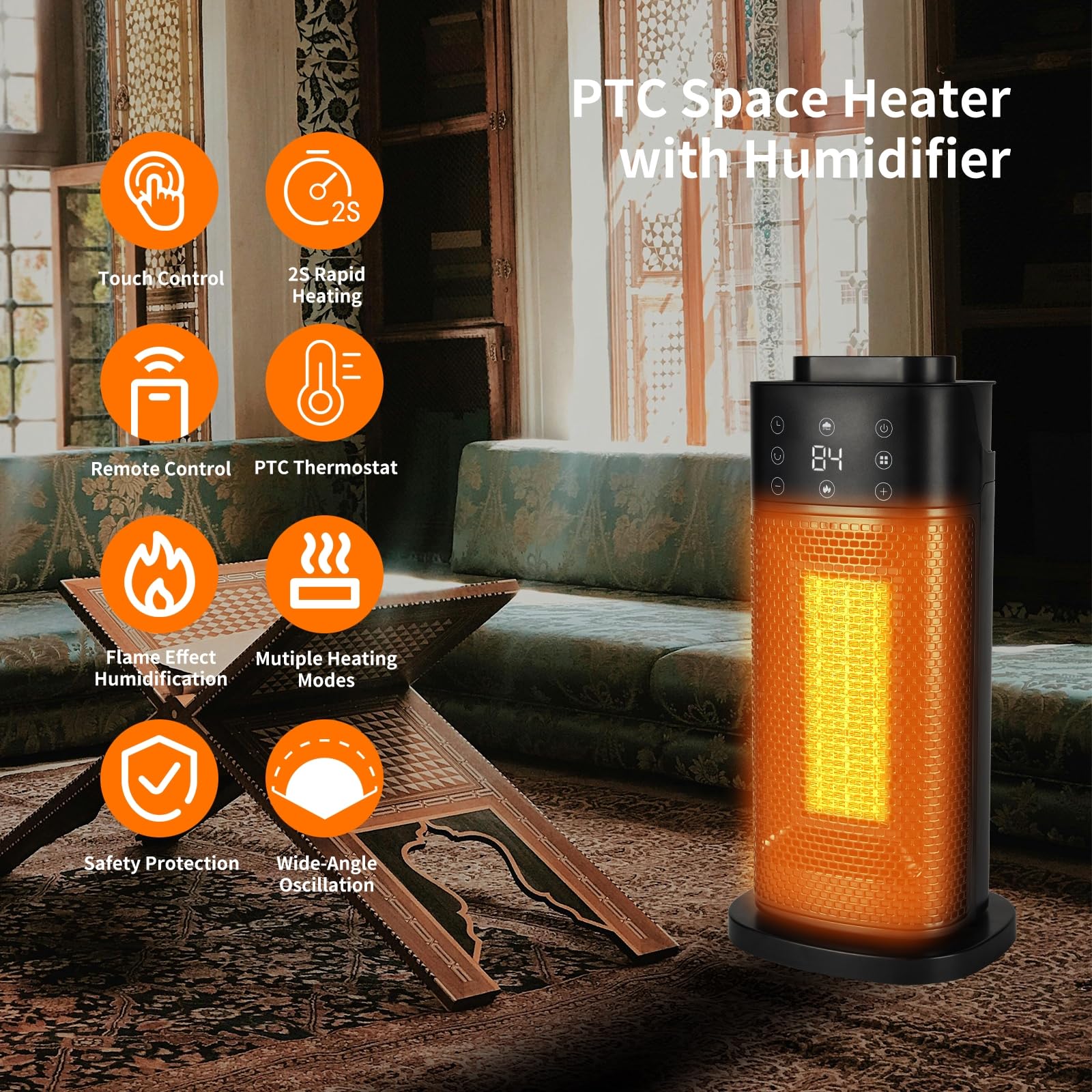 BNTET Space Heater with Humidifier, Ceramic Heater for Indoor Use, Fast Heating, Oscillating, Electric Heater with Thermostat, Remote Control, 3D Flame Effect, Portable Heater for Home, Office