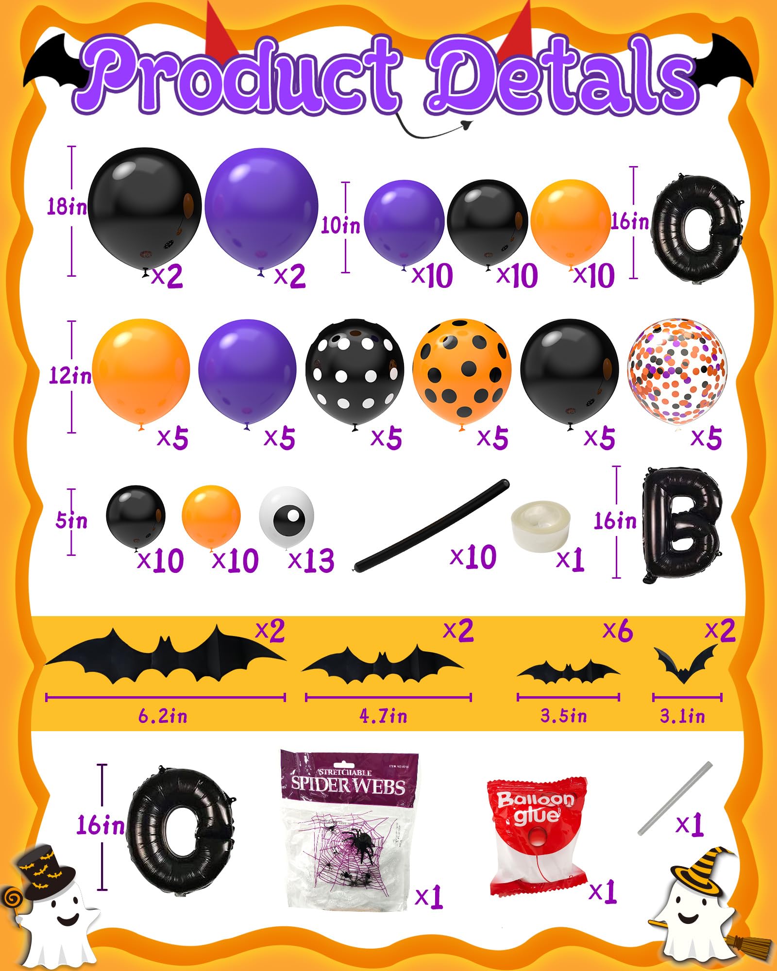 Oomloid 126 Pcs Halloween Balloon Garland Arch Kit, Halloween Party Decorations Include Spider Web, Bats, Purple Orange and Black Balloons for Halloween Birthday Party Supplies Decor