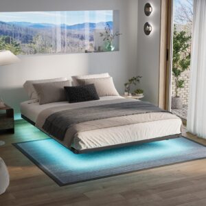 viisari floating queen bed frame with led lights type-c & usb charging station no box spring needed heavy duty metal platform bed frame noise free