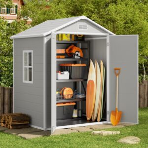 Gizoon Outdoor Storage Shed, 6x4 FT Resin Shed with Floor, Plastic Garden Tool Sheds with Lockable Door for Patio Backyard Lawn Pool, Gray