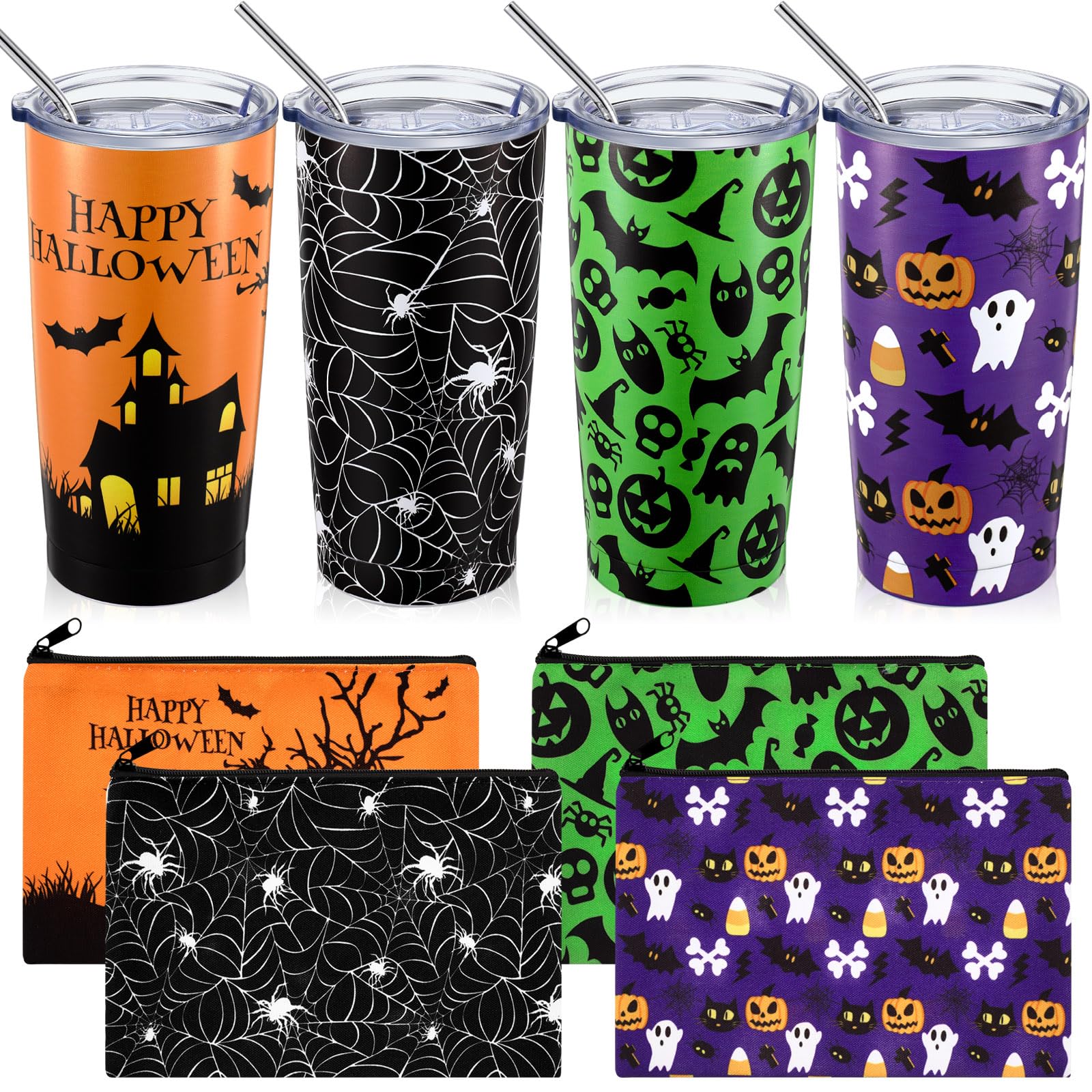 Jingmore 8 Pcs Halloween Themed Gifts For Women Include 4 Halloween Tumbler with Lid and Straw and 4 Ghost Pumpkin Cosmetic Bags,Halloween Coffee Mug Cup with Makeup Bag for Trick or Treat Party Gifts