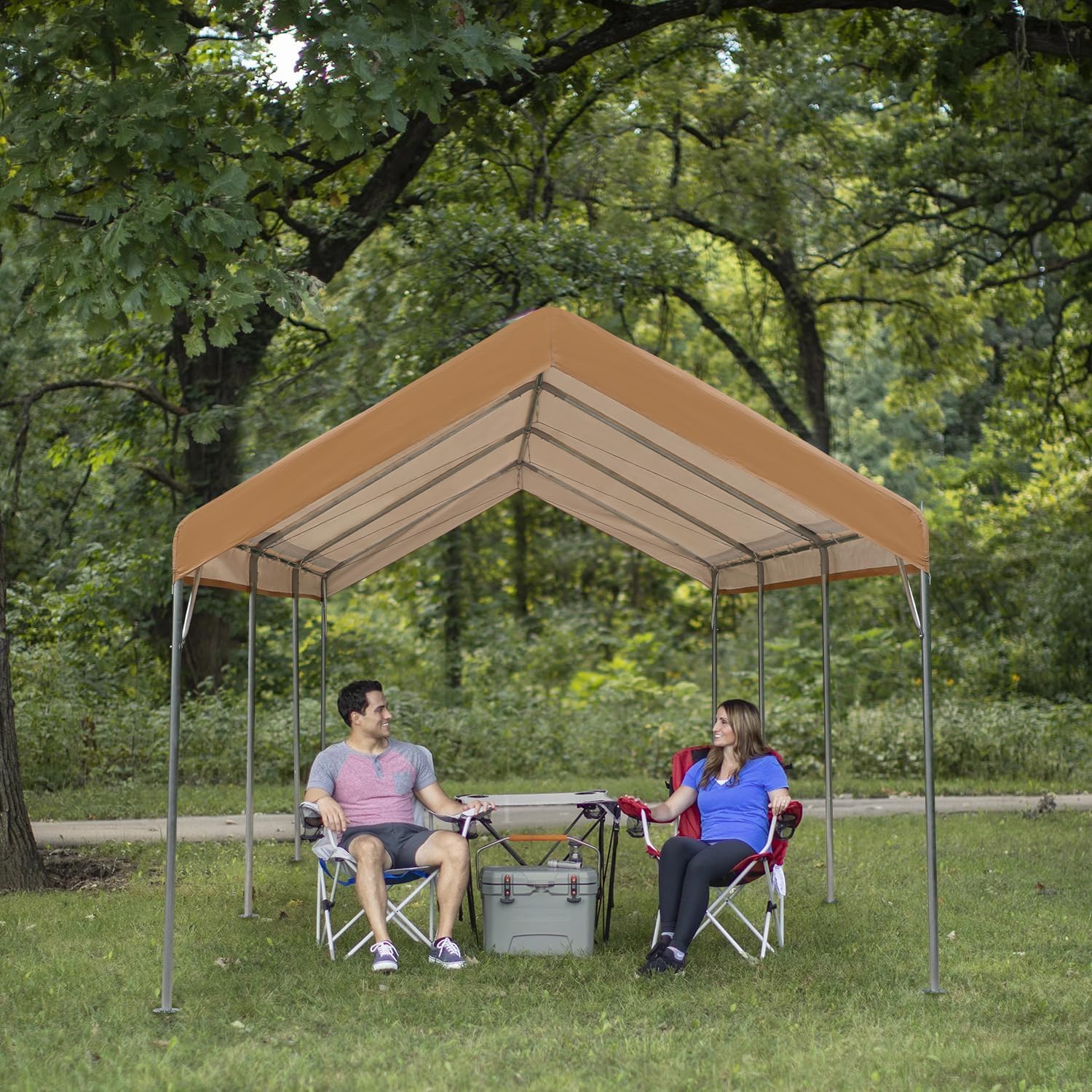 GREEN PARTY Carport, 10’ X 20’ Heavy Duty Car Canopy with Powder-Coated Steel Frame, Portable Car Canopy Party Tent Garage Boat Shelter with Sand Bag, Waterproof & UV Protected Tarp, 8 Legs, Beige