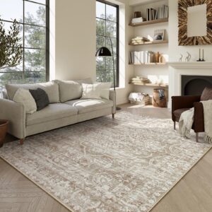 lahome 8x10 area rugs for living room floral washable large area rugs, non-slip soft bedroom rug 8x10 under bed, neutral boho vintage indoor farmhouse rugs for dining room table office (taupe,8'x10')