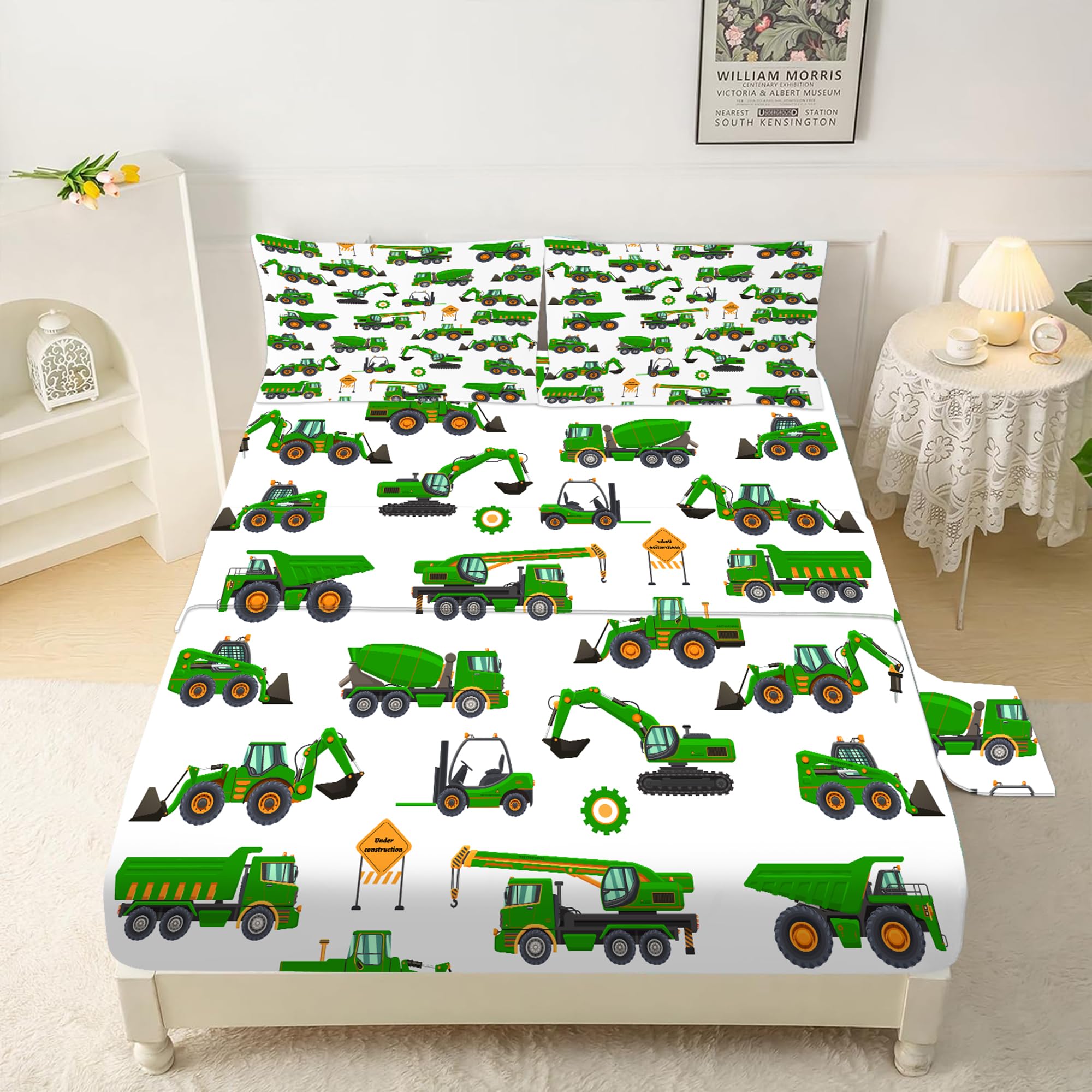 EDGZKO Sheet Set Green Tractor: Queen Size Cartoon Excavator Truck Bed Sheets for Boys Kids Toddler Deep Pocket Construction Vehicle 4PC Bedding Set 1 Fitted Sheet & 1 Flat Sheet & 2 Pillowcases