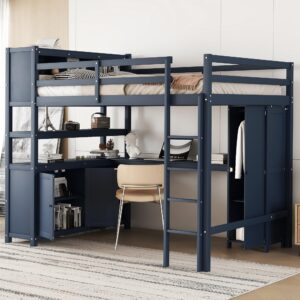 vilrocaz wood loft bed with built-in desk and wardrobe, modern full size loft bed frame with cabinet and bookshelf for kids teens adults bedrooms, maximize space (dark blue-7.22)