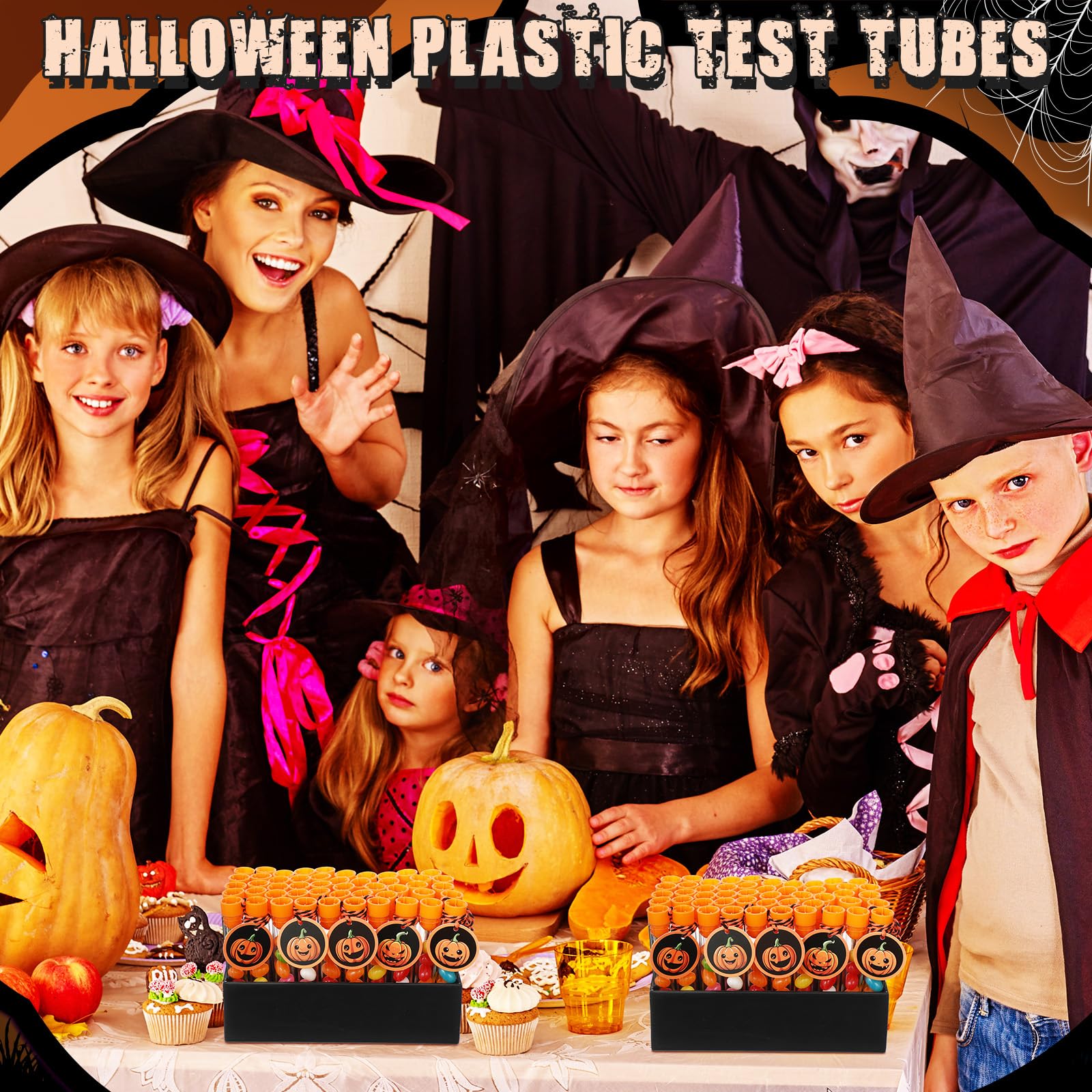 Photect 50 Set Halloween Test Tubes 100 x 16 mm Clear Plastic Tubes with Caps 10 ML Candy Tubes for Candy Storage, Scientific Experiments, Halloween Party Favors