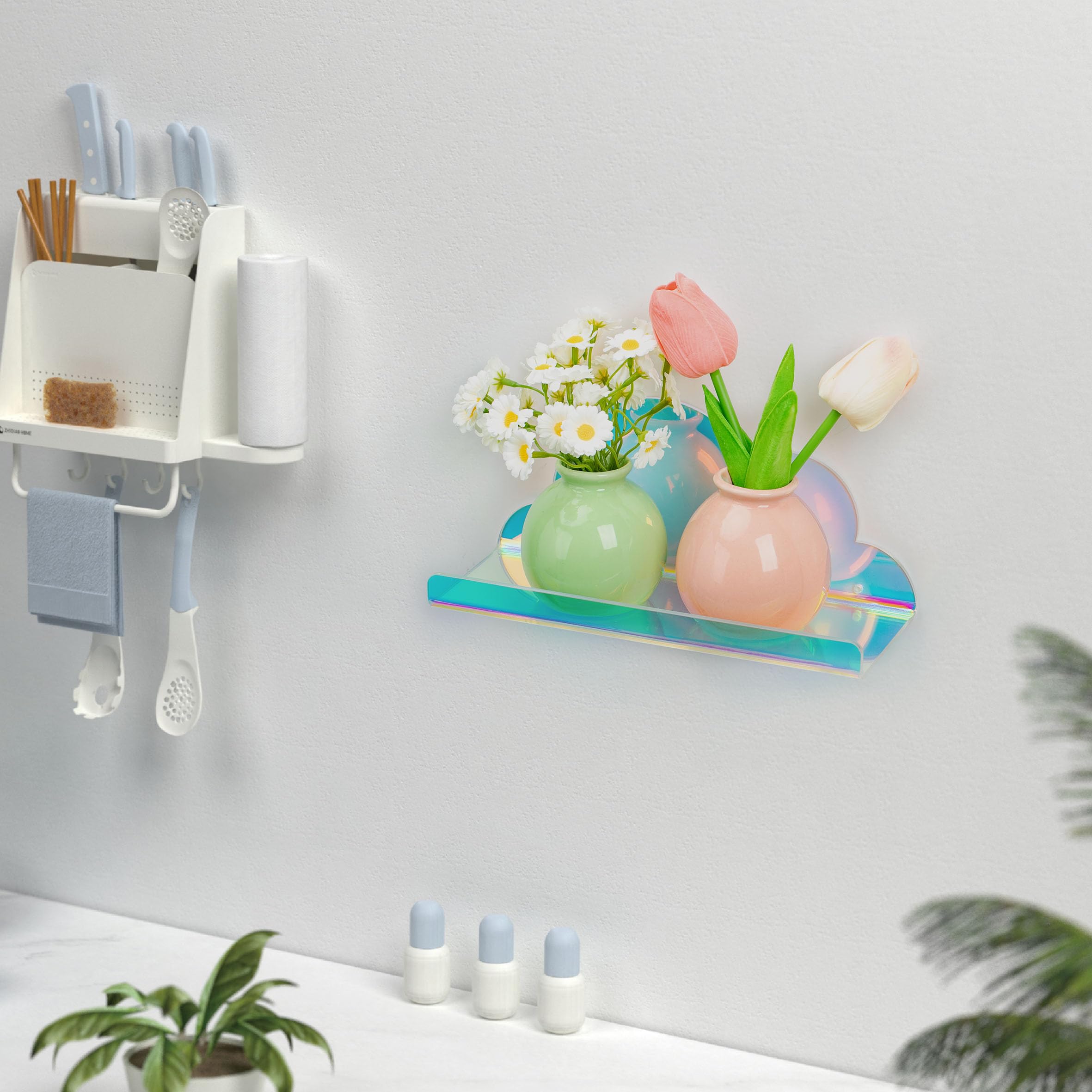 Lesnala 2Pcs Cloud Mini Shelf Iridescent Floating Shelves Floating Shelves for Wall Acrylic Wall Mounted Iridescent Acrylic Shelves with Stickers and Screws for Bathroom Bedroom Living Room Office