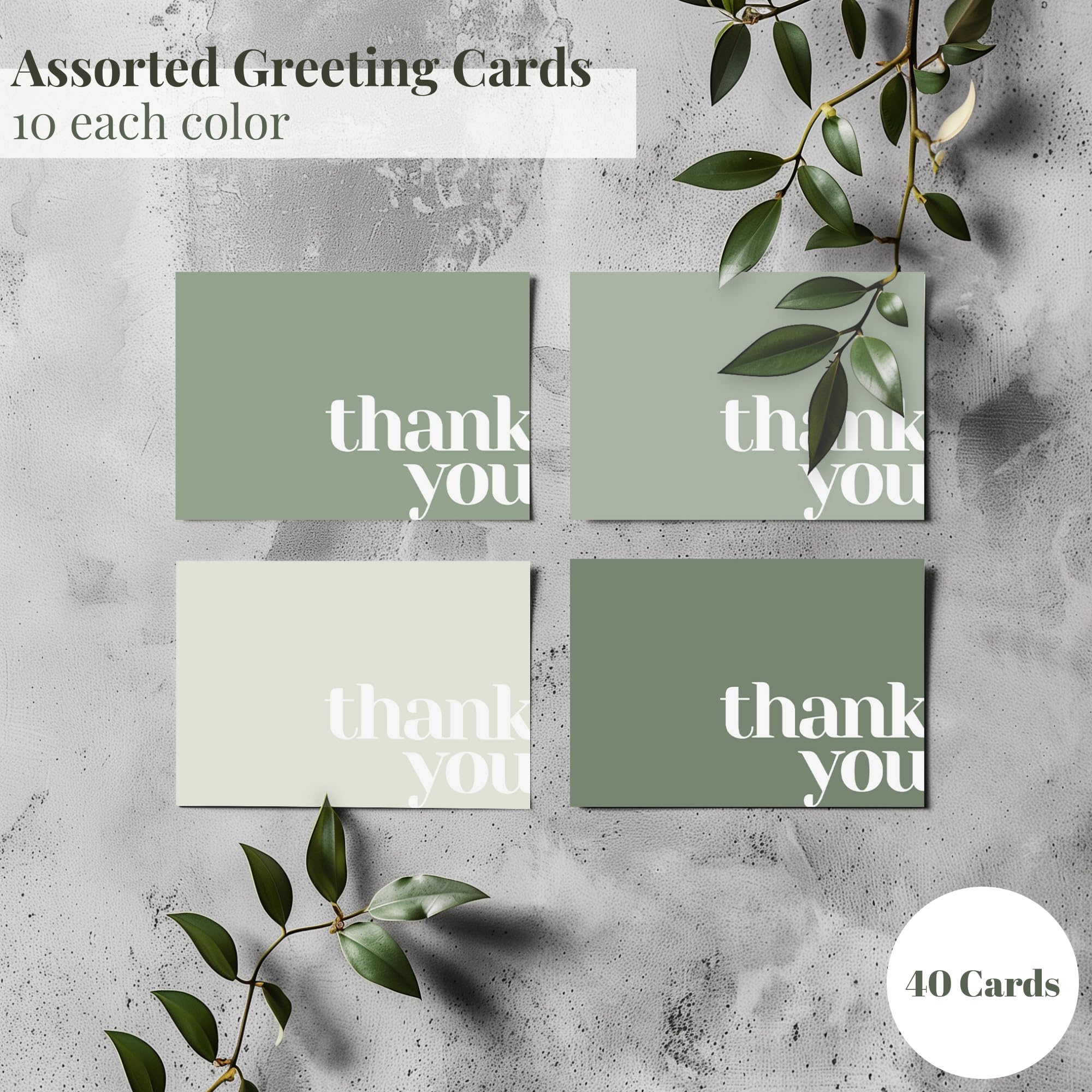 Paper Play Thank You Cards Bulk Pack of 40 Green, 5x3.5 Inches with Matching Stickers & Envelopes, Minimalistic Design Suitable for Business, Baby Shower, Wedding, Small Business, Graduation, Funeral