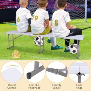 HAPPYGRILL 6 FT Portable Folding Bench Plastic Camping Dining Seat with Convenient Handle, Non-Slip Foot Pads, Sturdy Metal Legs, Waterproof Park Bench for Soccer Field, Entertaining Activities